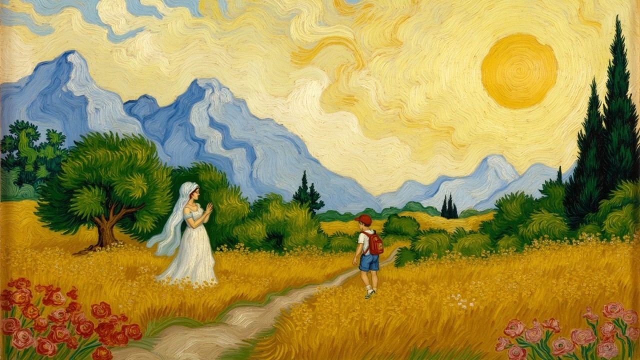 Whimsical Landscape with Boy and Serene Woman