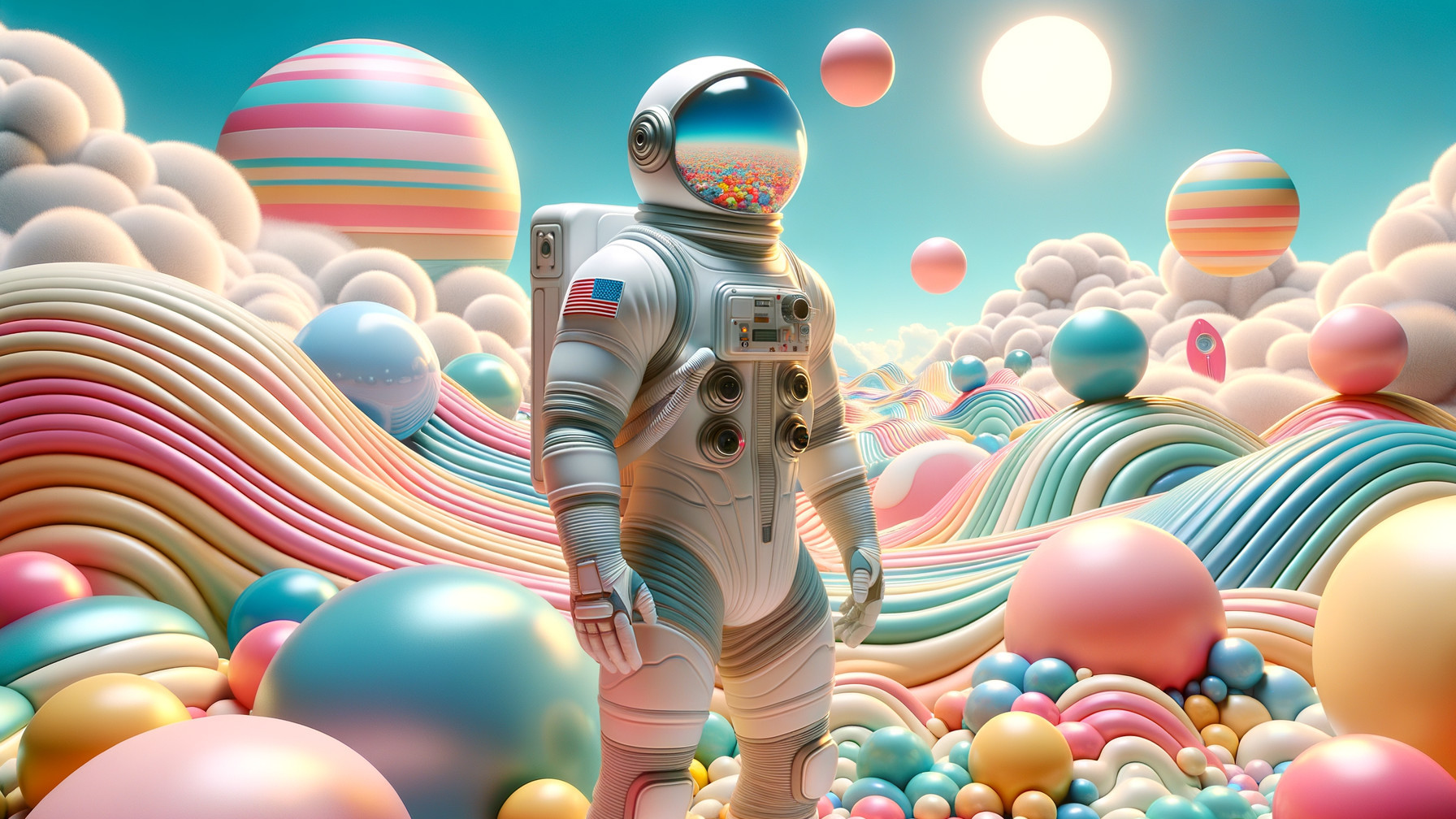 Astronaut in Surreal Landscape with Colorful Forms