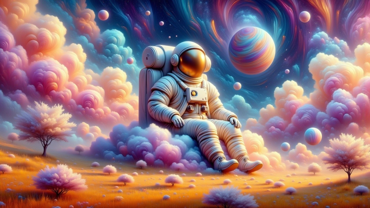 Astronaut on Colorful Cloud in Surreal Cosmic Landscape