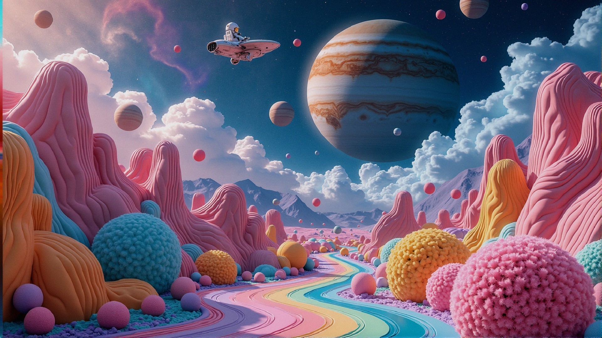 Surreal Landscape with Pastel Mountains and Hovercraft
