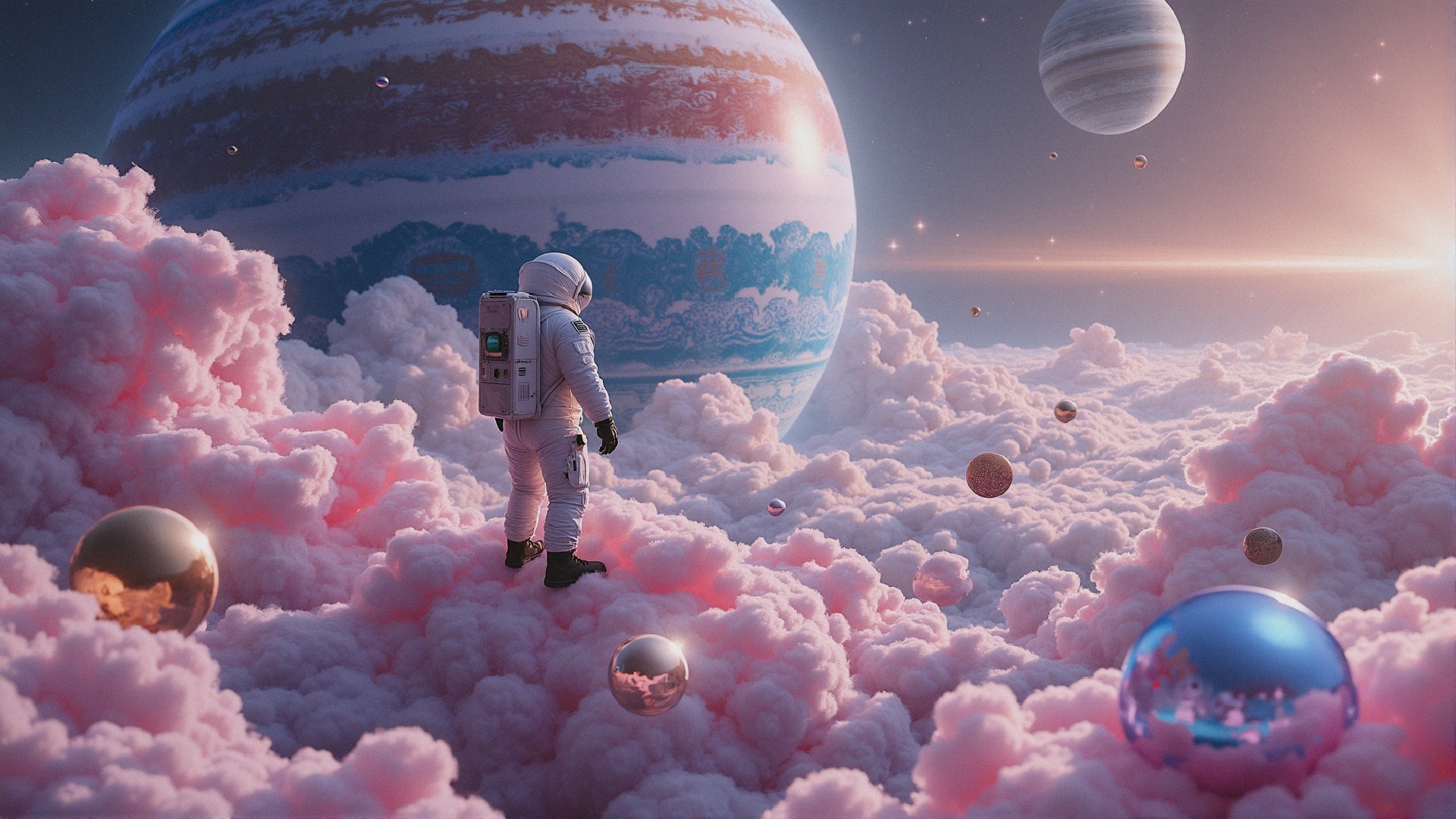 Astronaut on Pink Clouds in Surreal Planetary Landscape