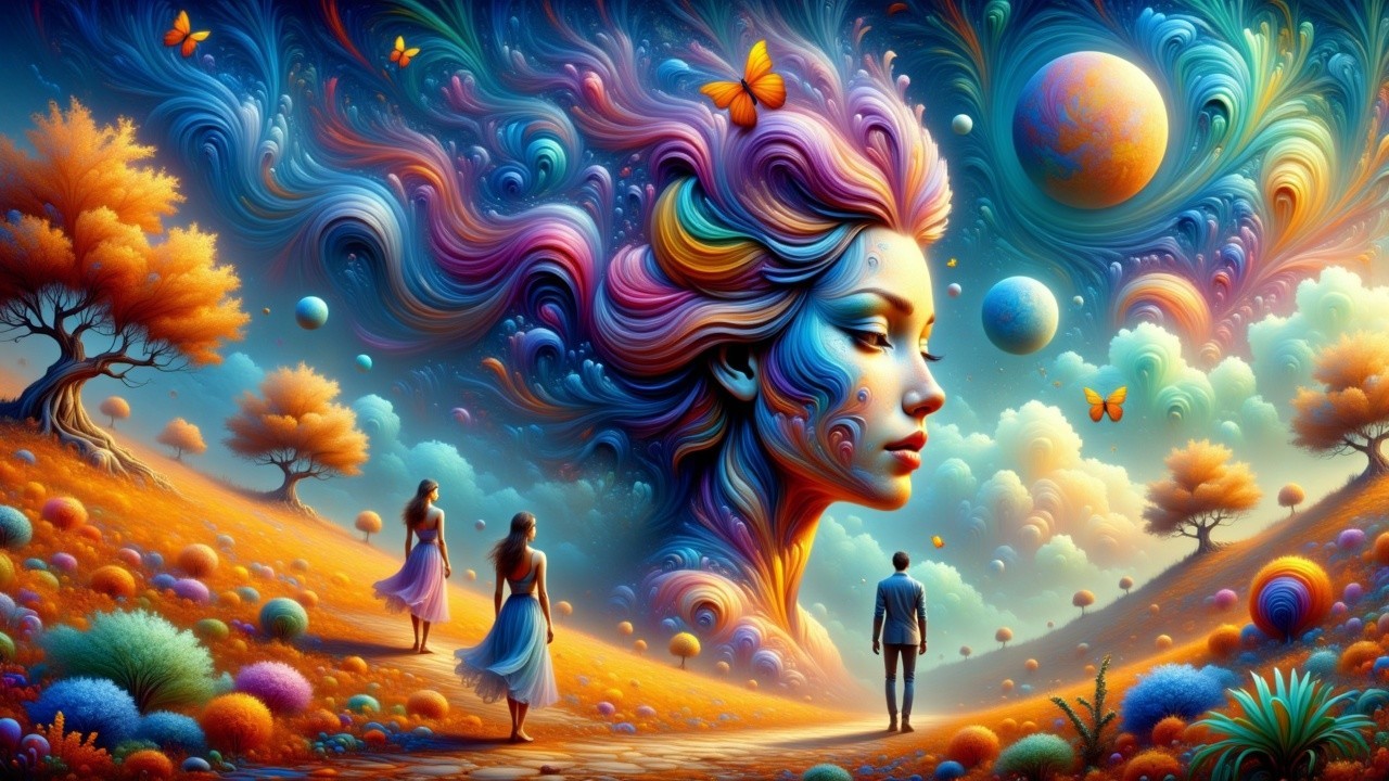 Surreal Landscape with Stylized Woman's Face and Figures