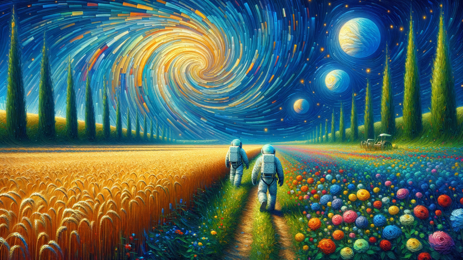 Astronauts in a Vibrant Landscape with Galaxy Sky