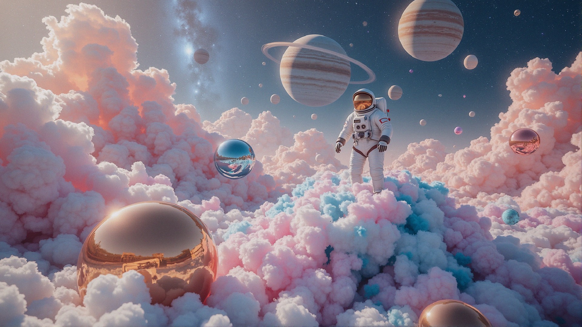 Astronaut in a Colorful Cloudscape with Planets