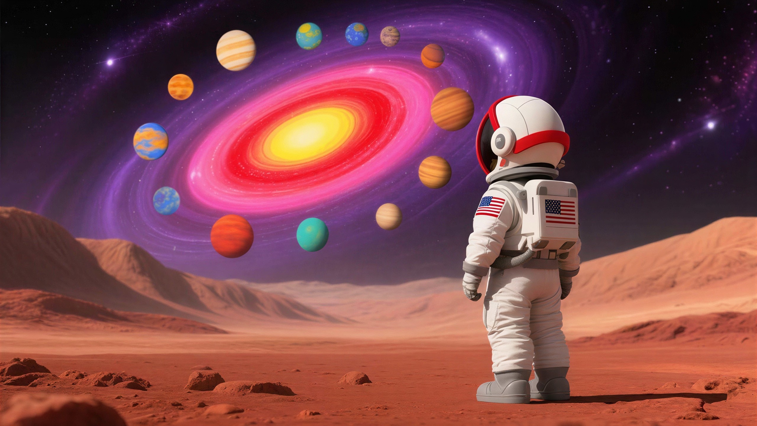 Astronaut Observing Colorful Galaxy on Mars-like Planet