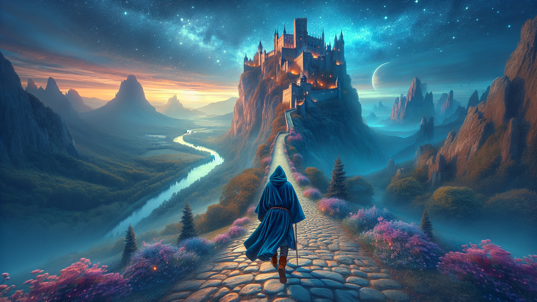 Fantasy Landscape with Cloaked Figure and Castle