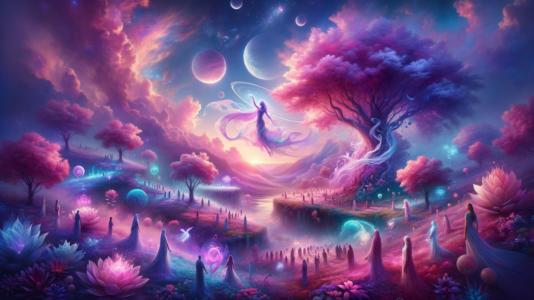 Vibrant Dreamlike Landscape with Cosmic Elements