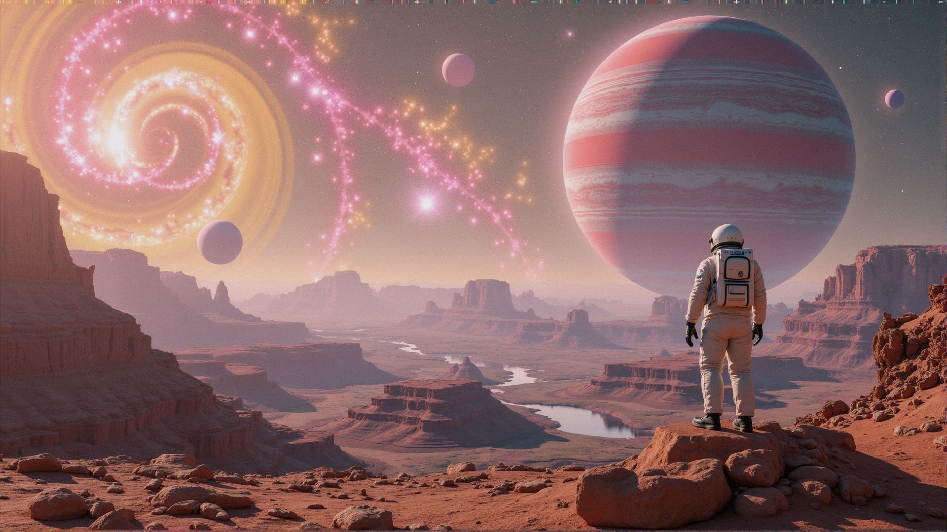 Astronaut on Martian Landscape with Celestial Features