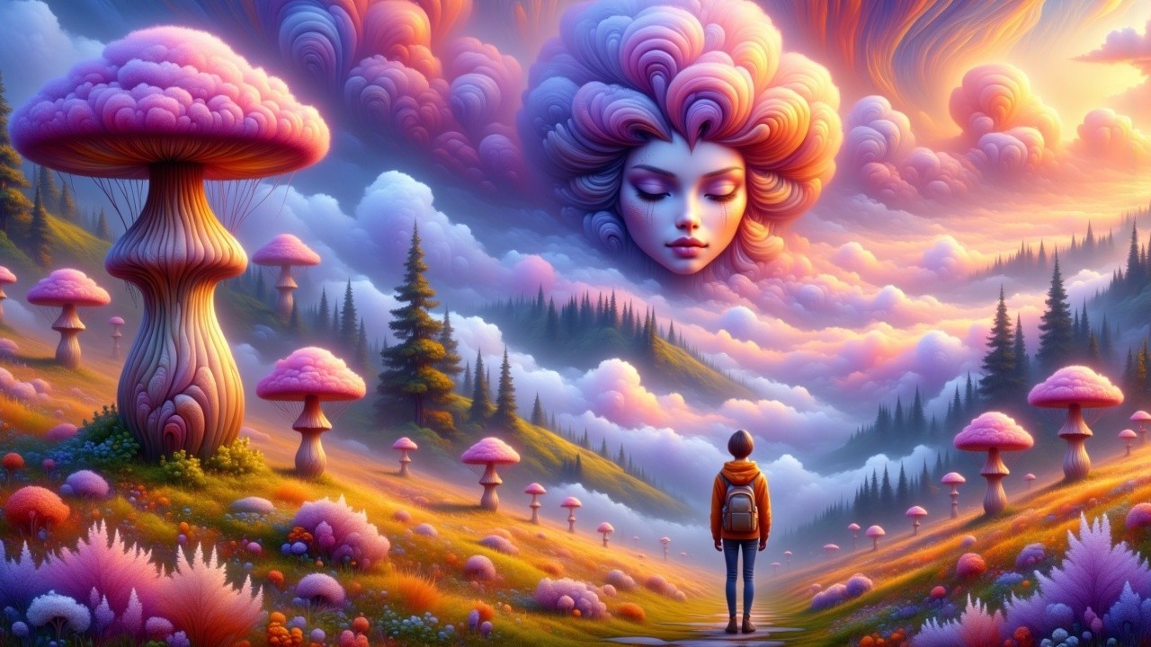 Surreal Landscape with Colorful Mushrooms and Clouds