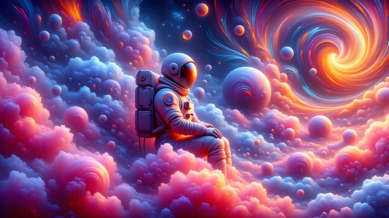 Astronaut in Surreal Cosmic Landscape with Pastel Colors