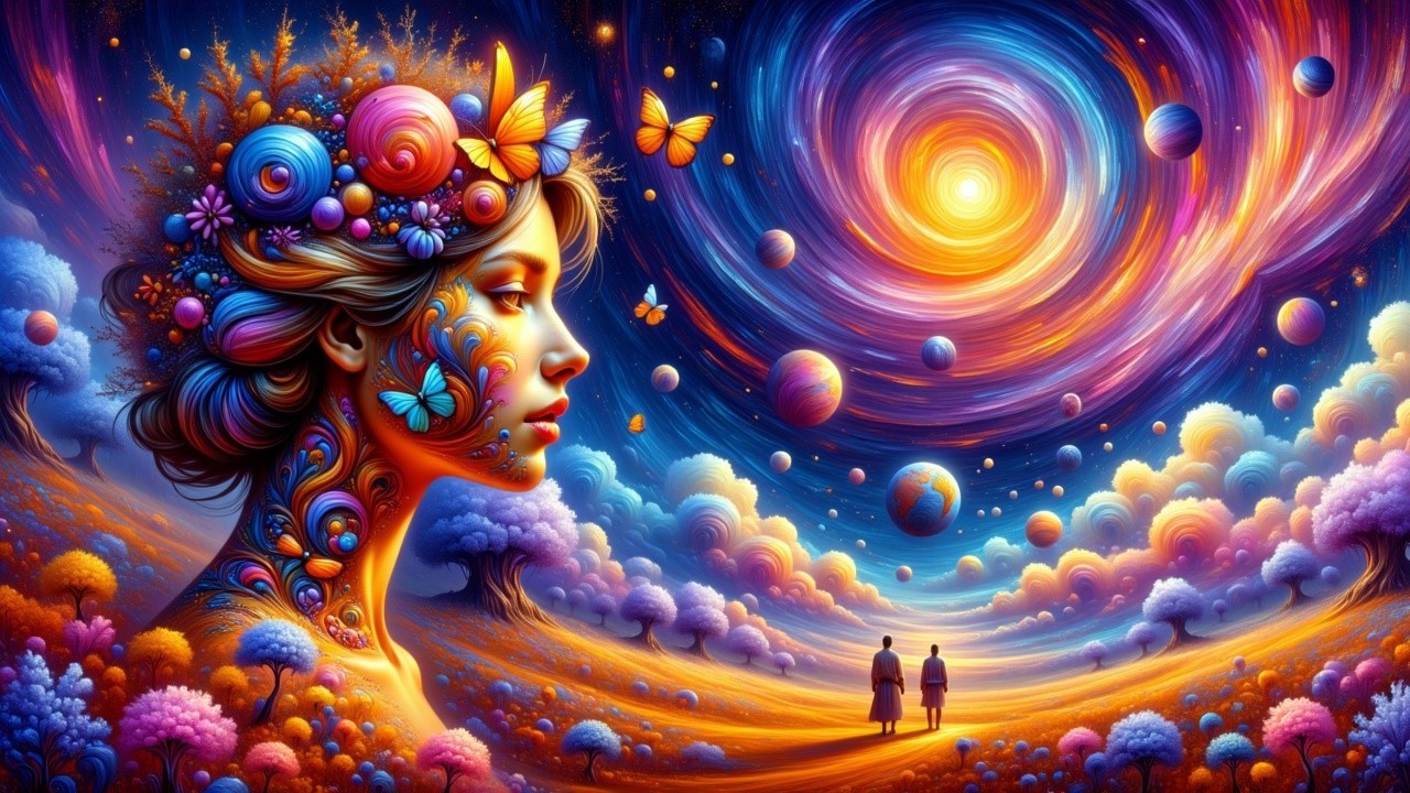 Surreal Landscape with Cosmic Elements and Figures