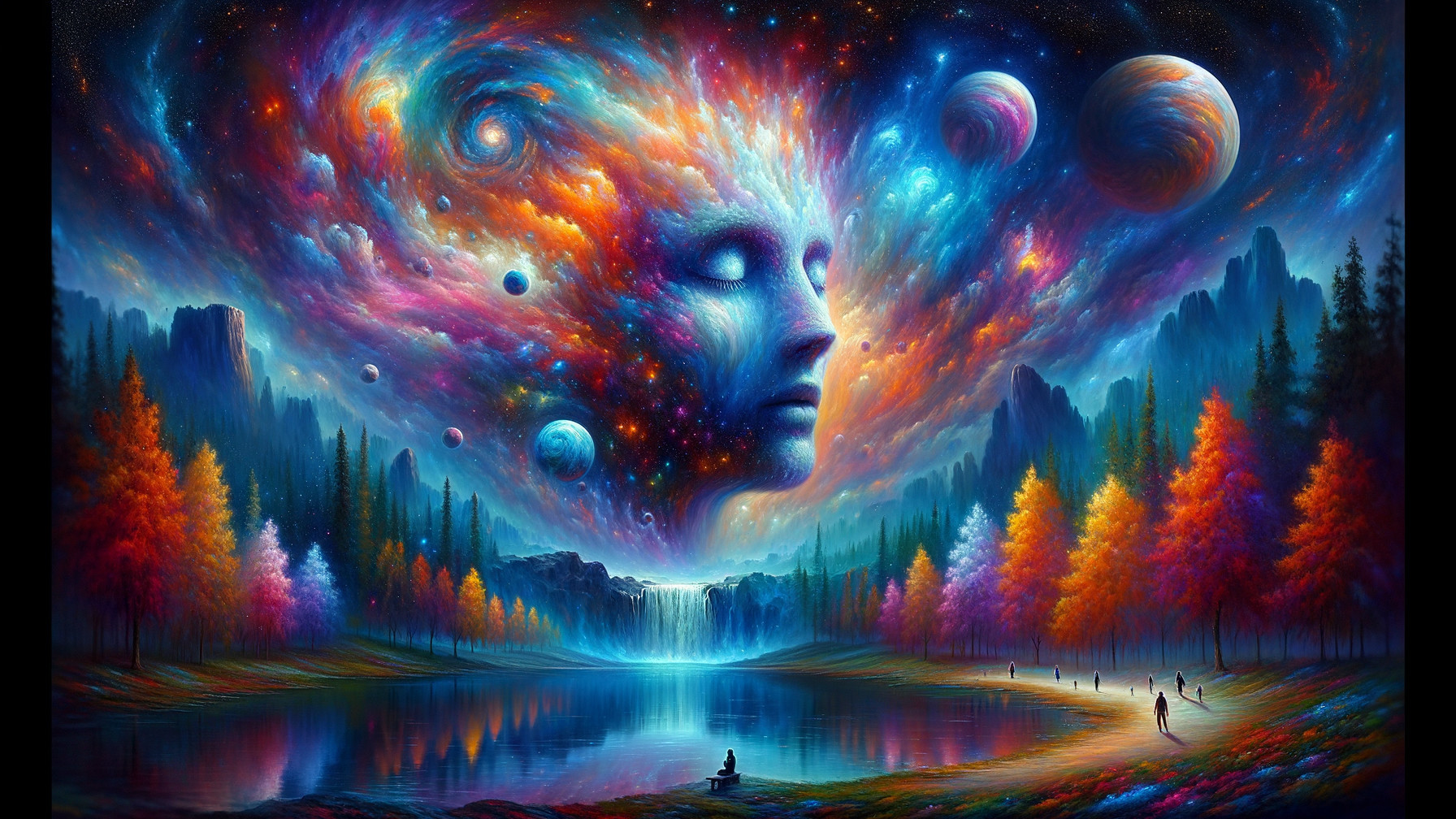 Surreal Landscape with Celestial Reflections and Forests