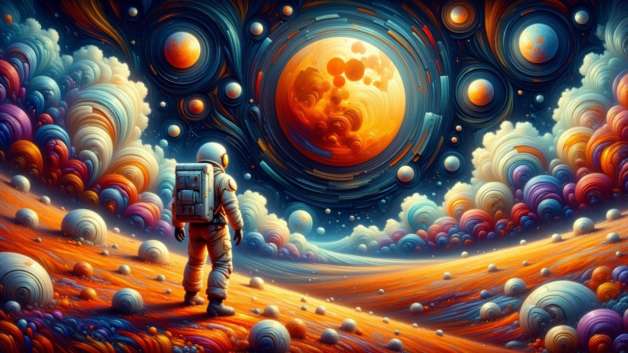 Astronaut on an Alien Landscape with Vibrant Sky