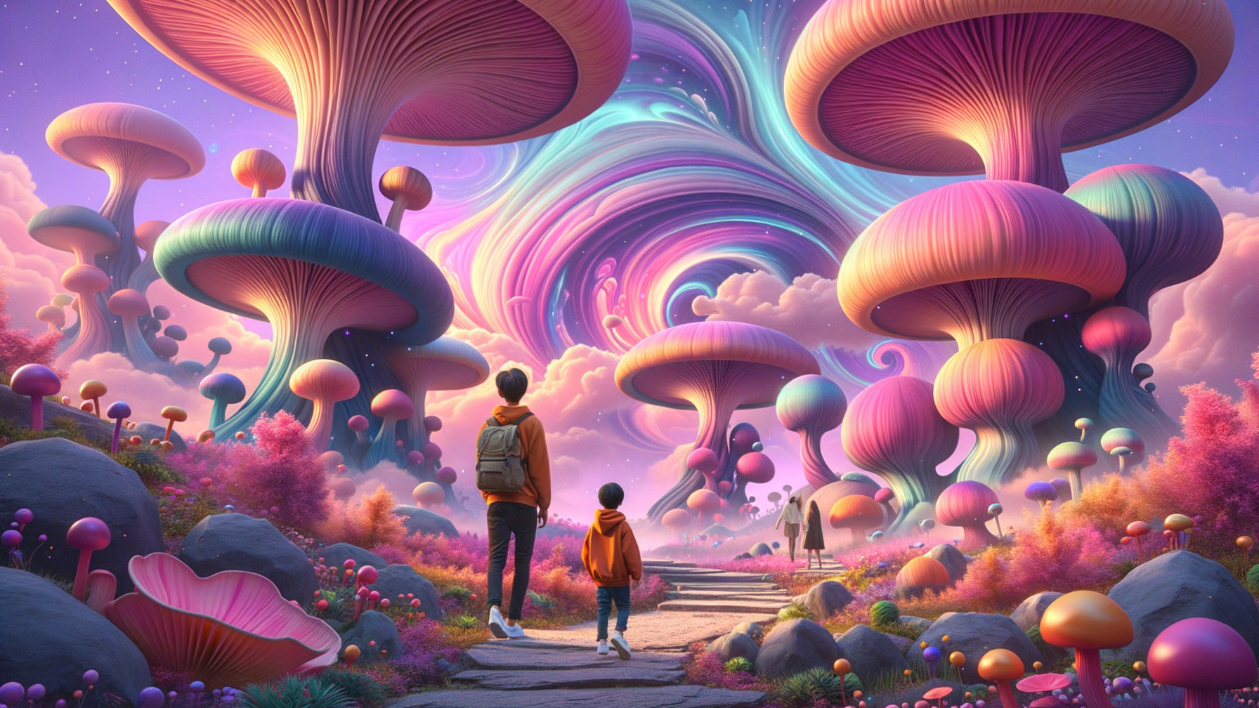 Vibrant Dreamlike Landscape with Colorful Mushrooms