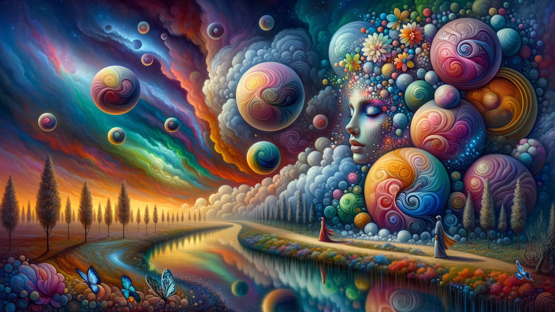 Surreal Landscape with Colorful Flora and Figures