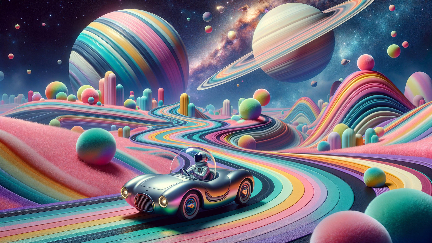 Futuristic Car in Whimsical Astronaut Landscape