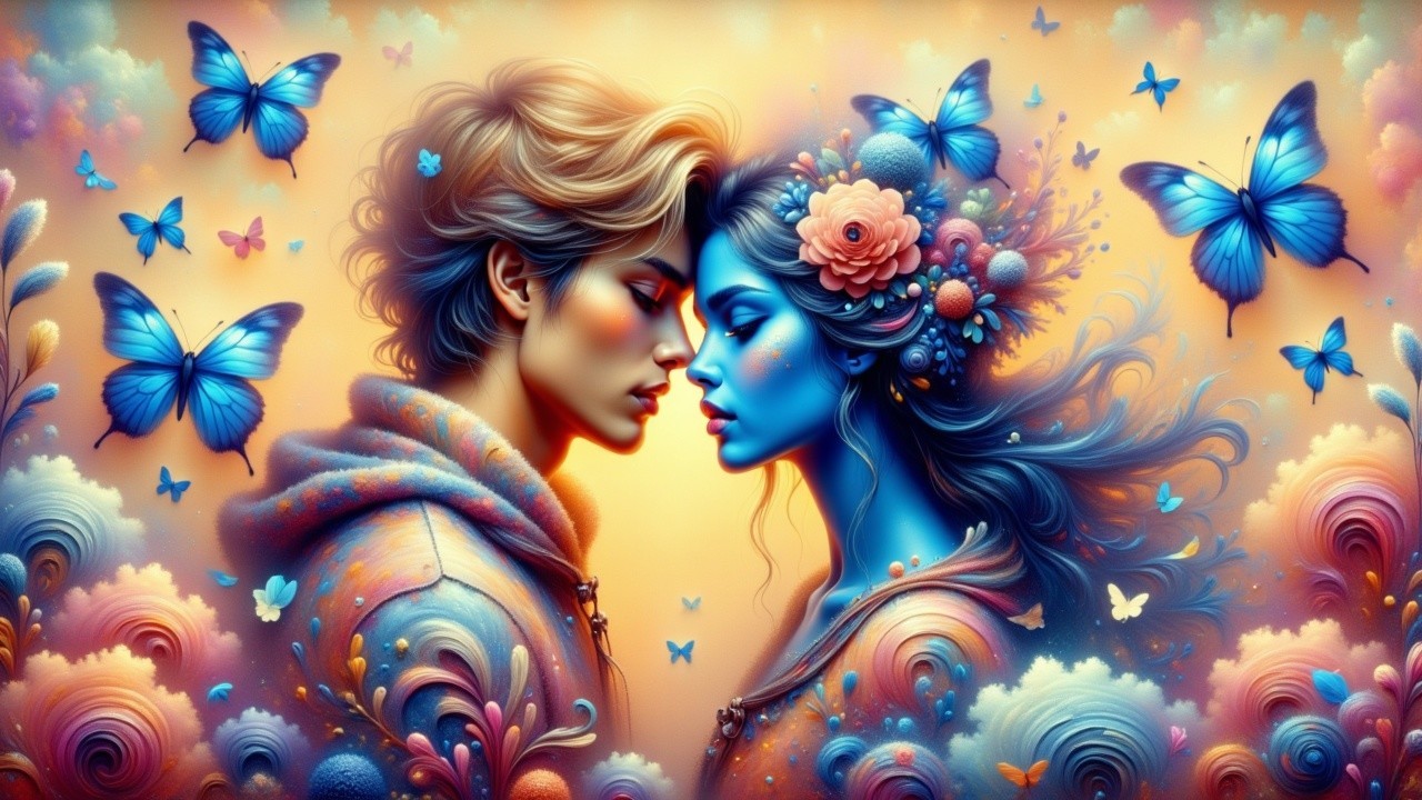Young couple in a dreamlike, colorful atmosphere