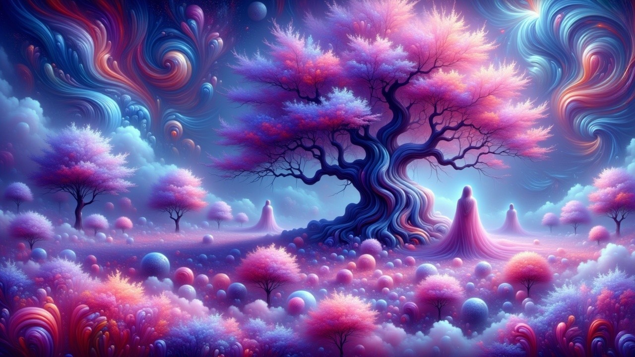 Surreal Landscape with Majestic Tree and Ethereal Figures