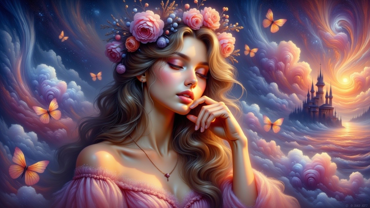 Young Woman Surrounded by Flowers and Butterflies