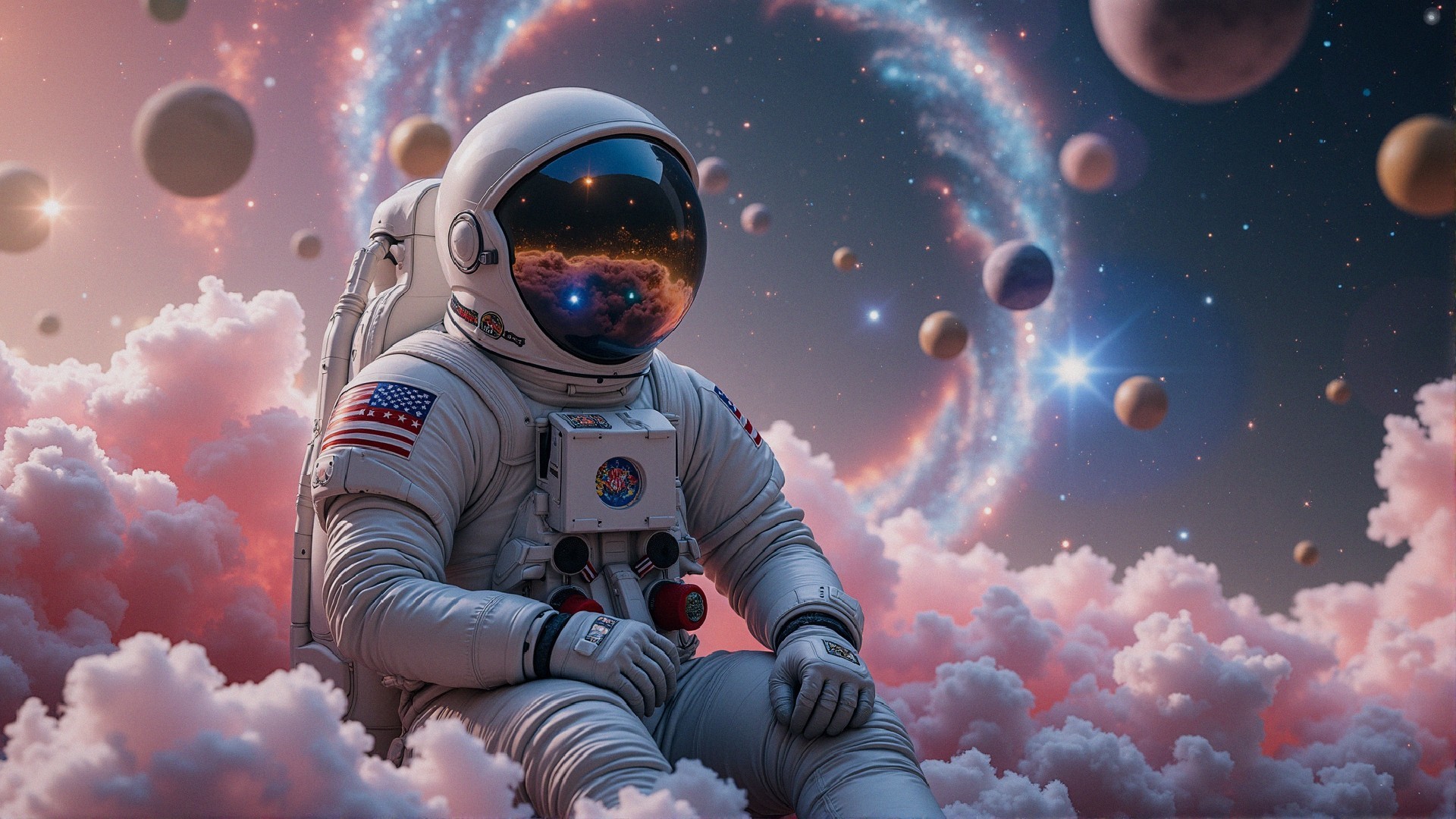 Astronaut in Spacesuit Surrounded by Cosmic Clouds