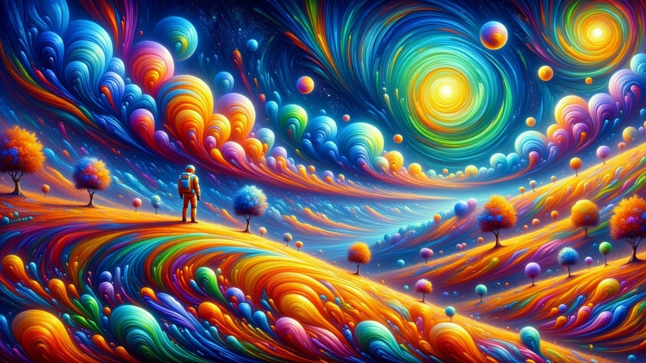 Surreal Landscape with Astronaut and Cosmic Elements
