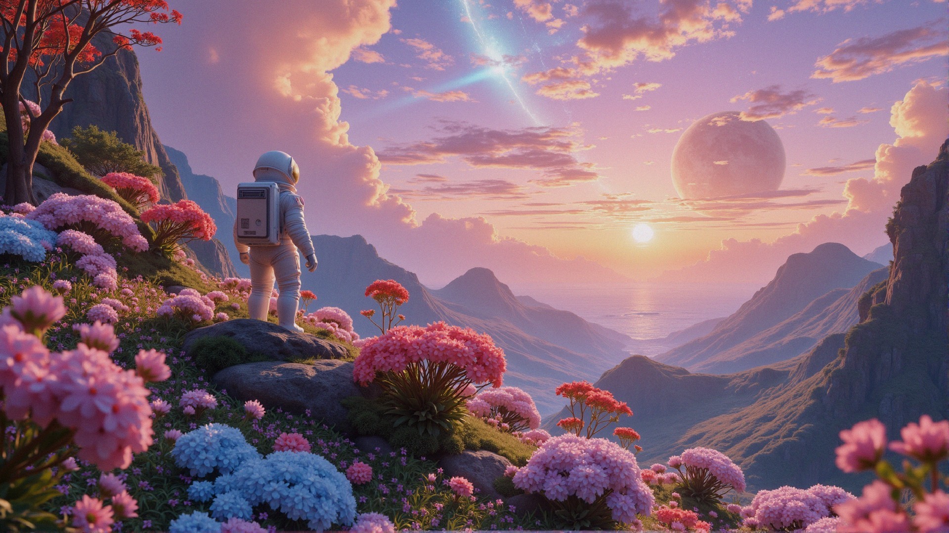 Astronaut in Alien Landscape with Vibrant Flowers