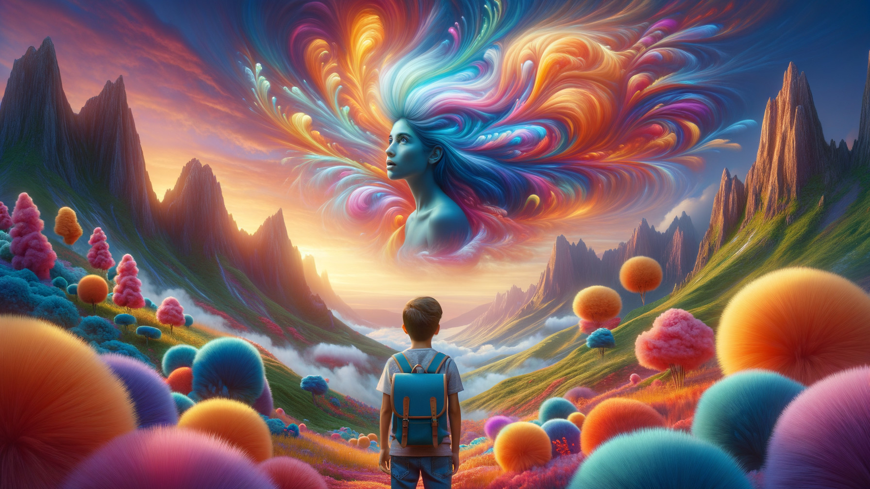 Surreal Landscape with Colorful Trees and Fantasy Figure