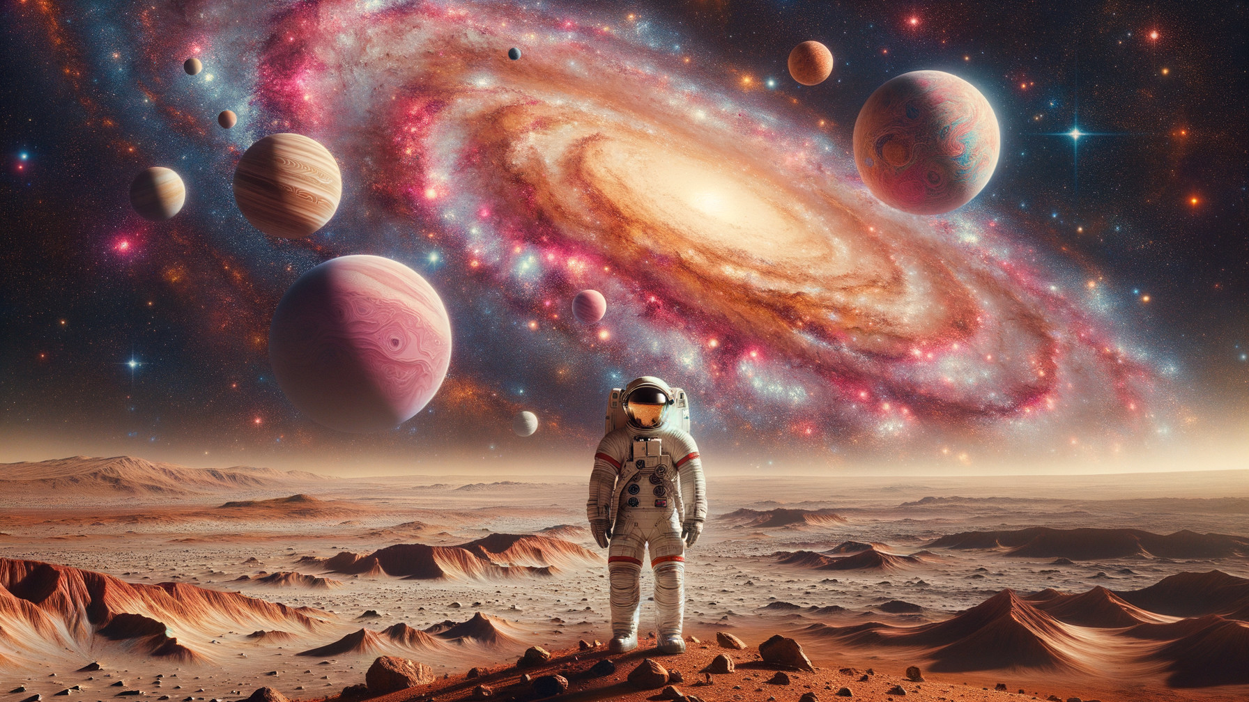 Astronaut on Alien Landscape with Spiral Galaxy View