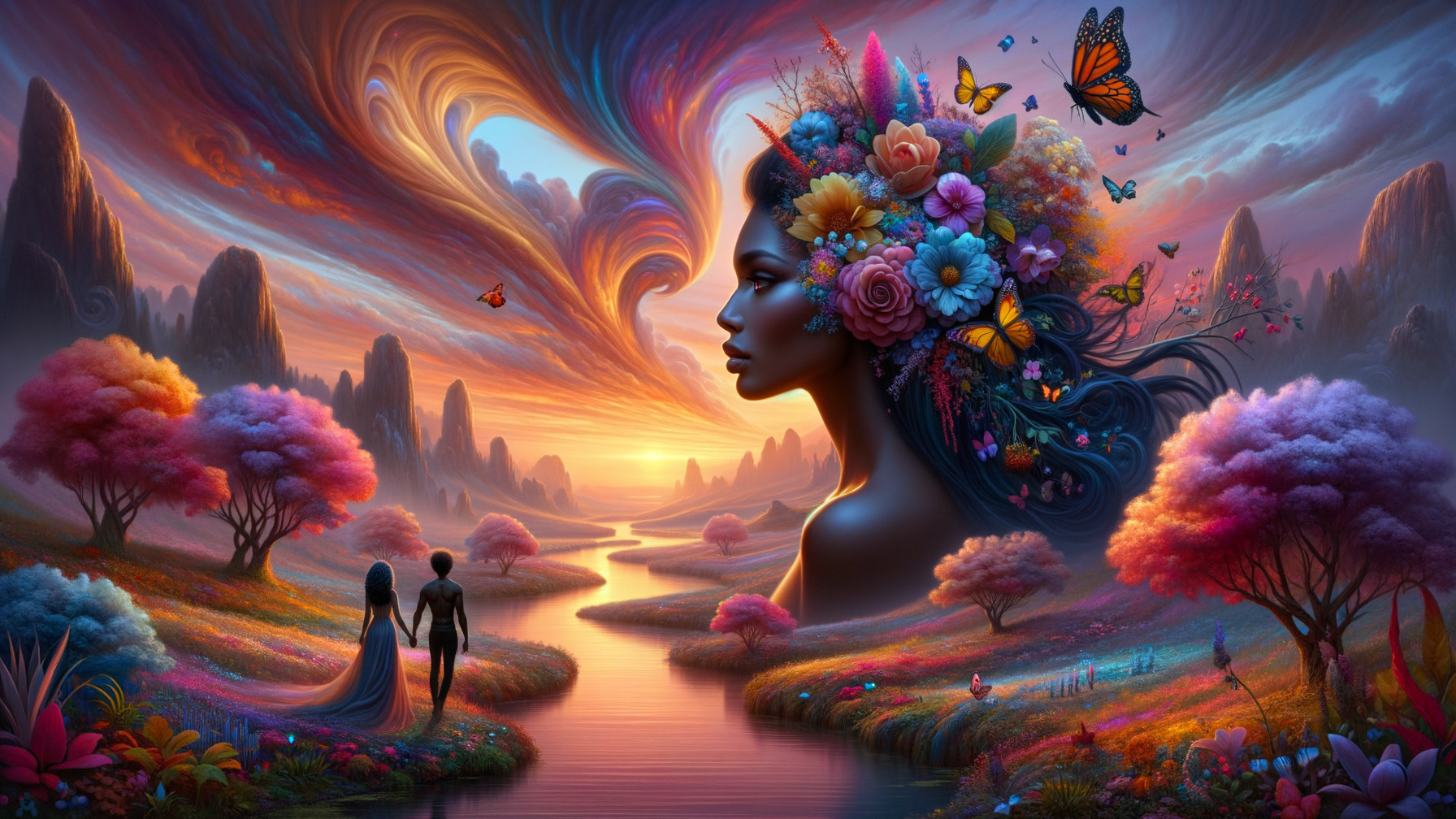 Serene Woman in a Colorful Natural Landscape Scene