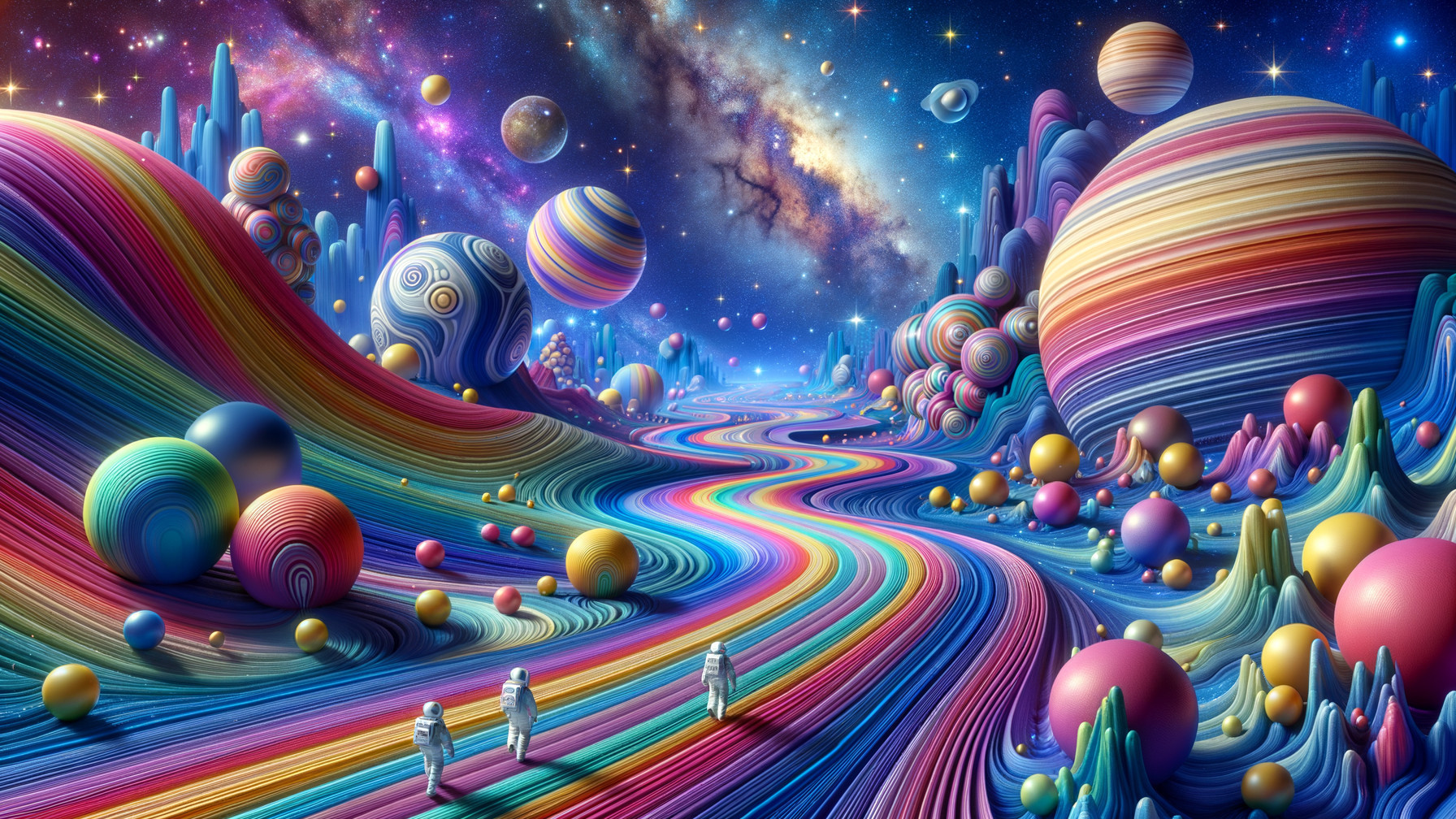 Surreal Landscape with Colorful Hills and Astronauts