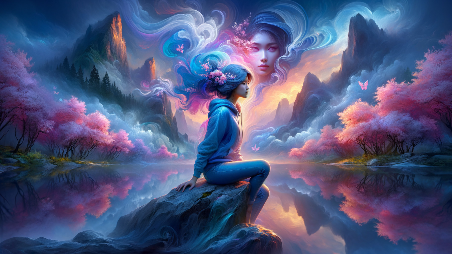 Dreamlike Landscape with Serene Figure by Lake