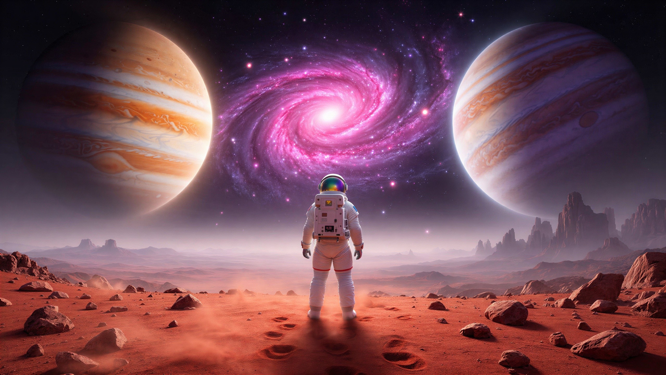 Astronaut on Red Planet with Gas Giants and Galaxy
