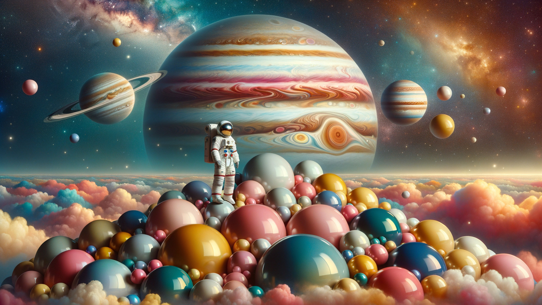 Astronaut on Colorful Mound with Planets and Galaxies