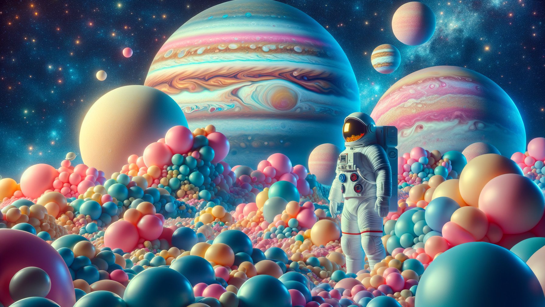 Astronaut in a Surreal Landscape with Colorful Spheres