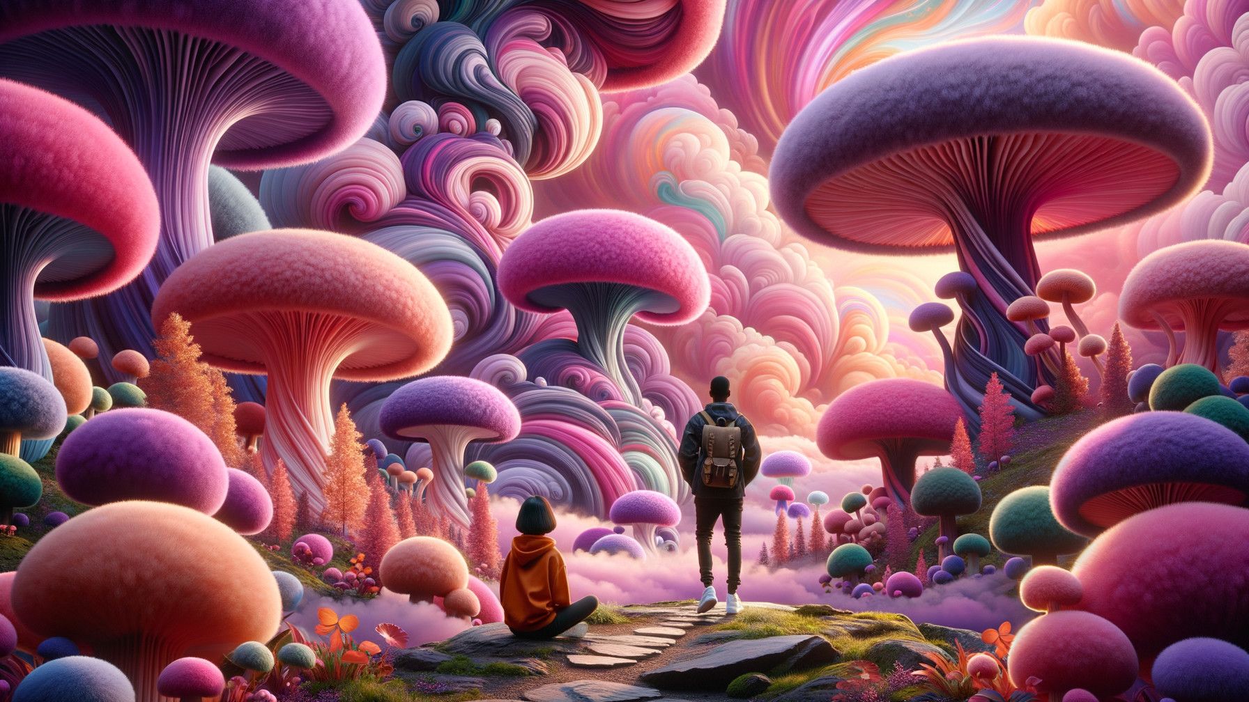 Surreal Landscape with Towering Colorful Mushrooms