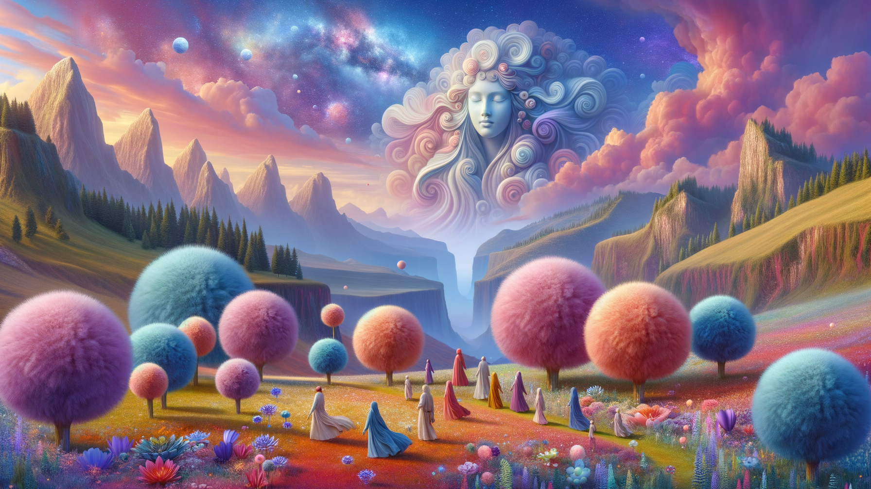 Surreal Landscape with Fluffy Trees and Ethereal Figures