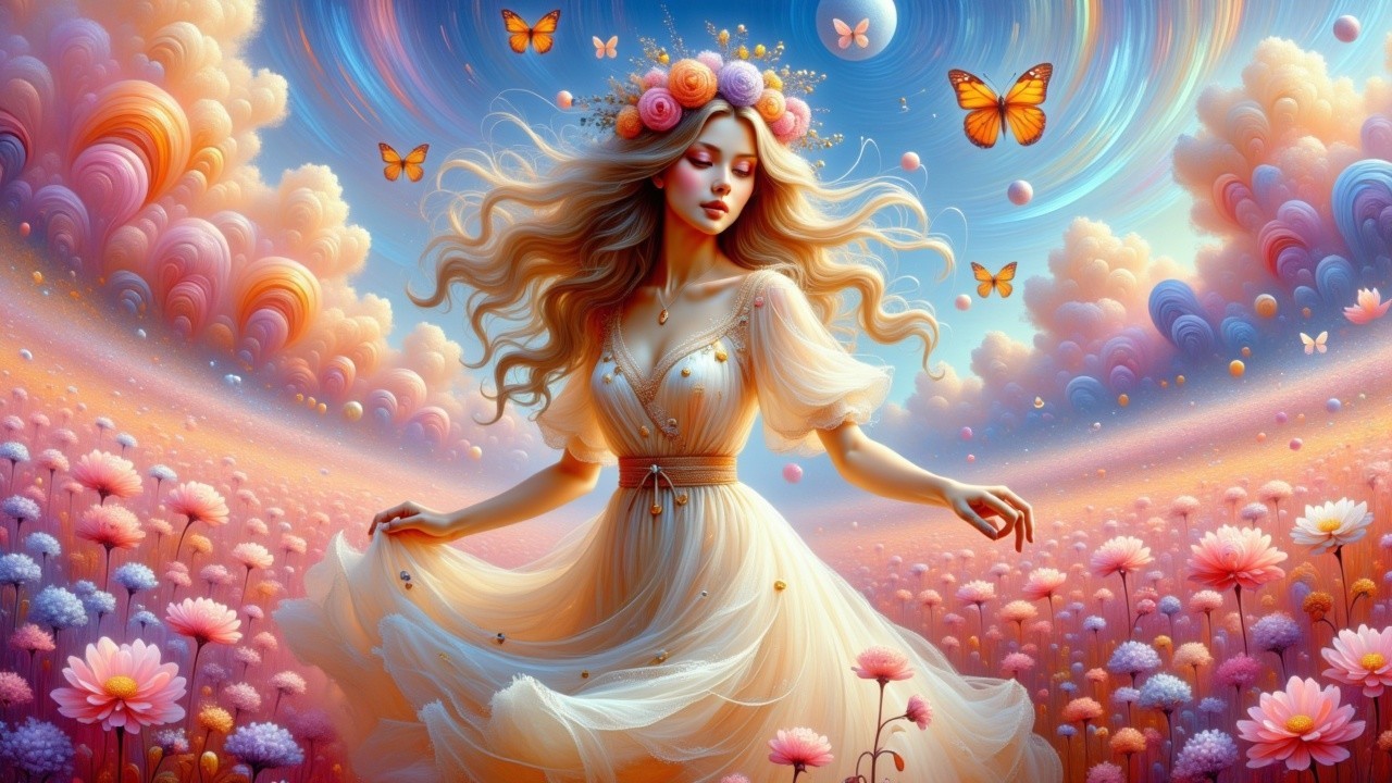 Young Woman in White Dress in Flower Field Scene