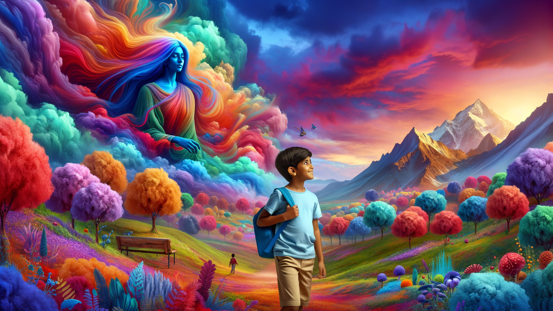 Surreal Landscape with a Boy and Colorful Nature