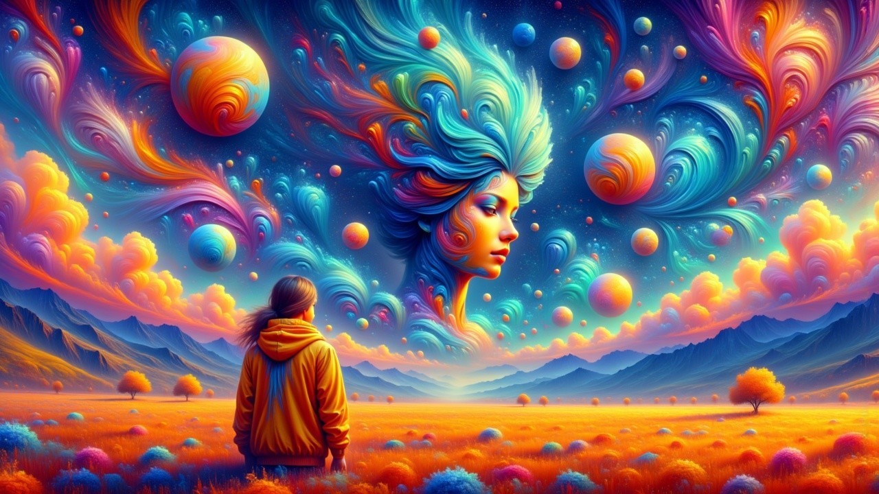 Surreal Landscape with Cosmic Scene and Vibrant Colors