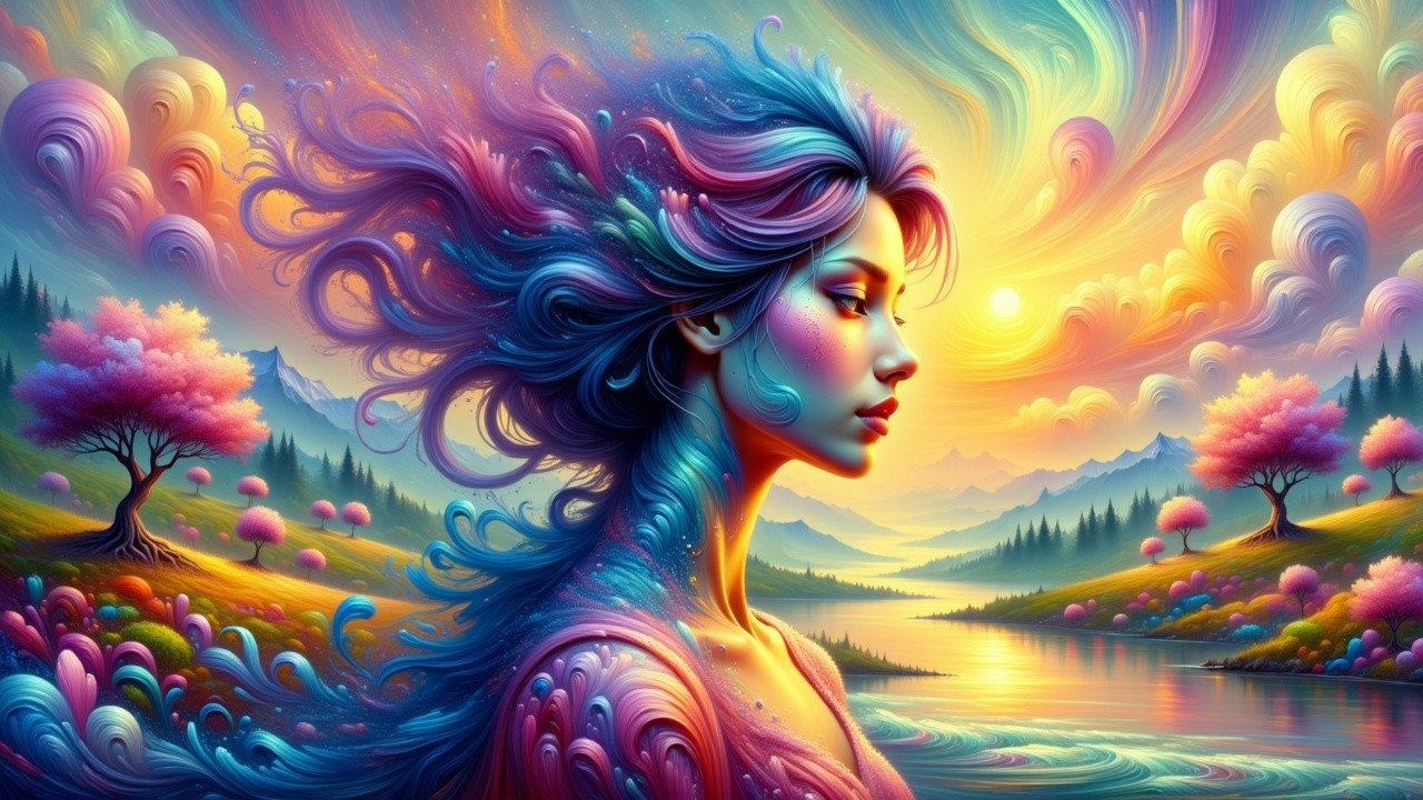 Vibrant Surreal Landscape with Woman and Sunset Colors