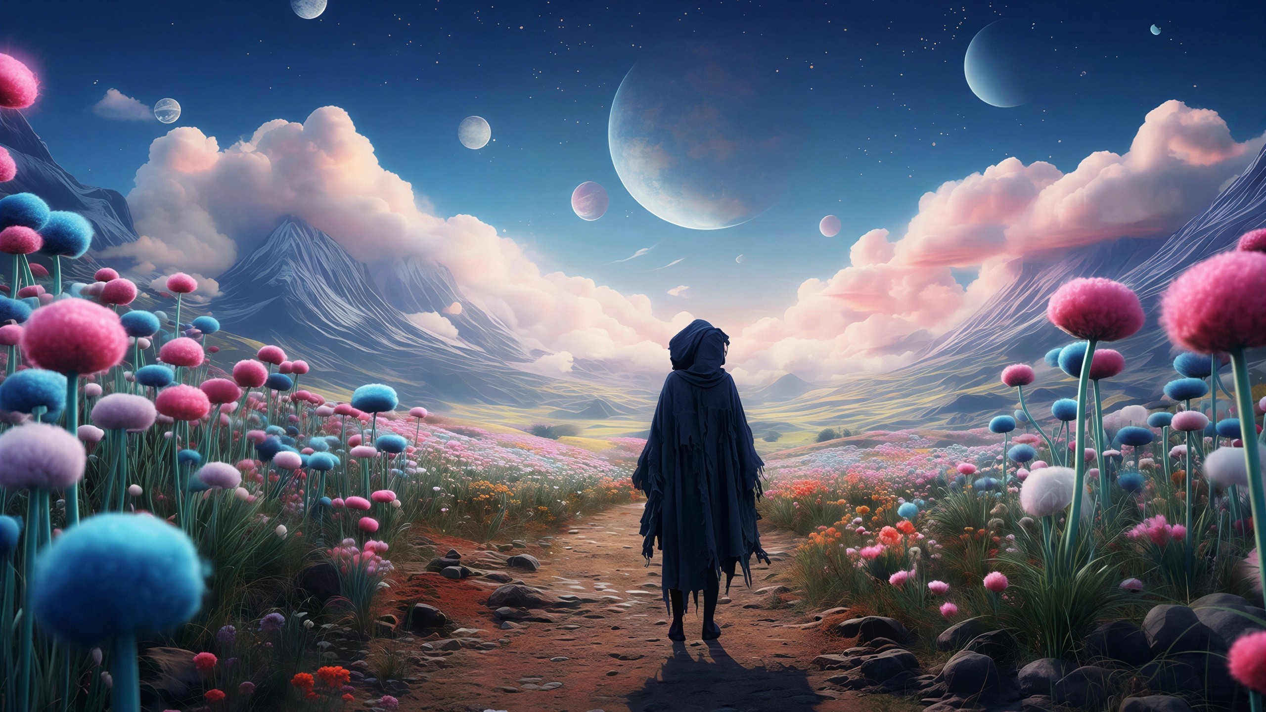 Hooded Figure Walking Through Colorful Flower Field