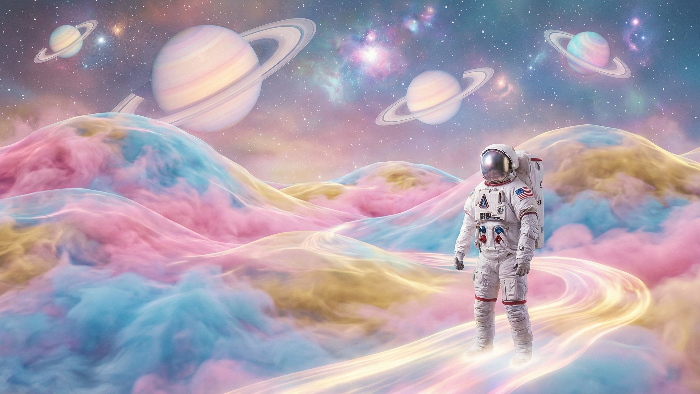 Astronaut in White Suit on Pastel Cloud Landscape