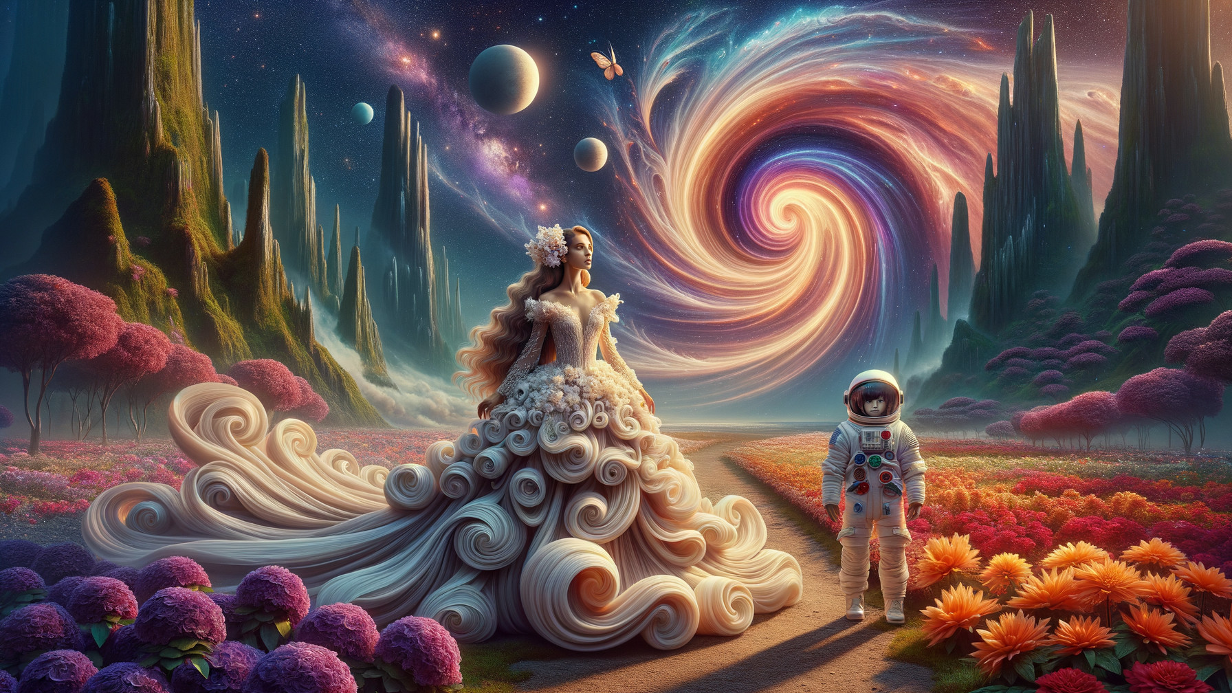 Fantastical Scene of Woman in Cloud Gown and Astronaut