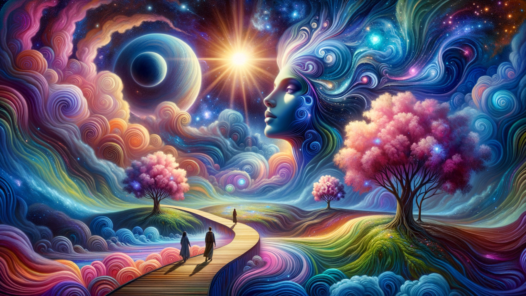 Surreal Landscape with Celestial Elements and Figures