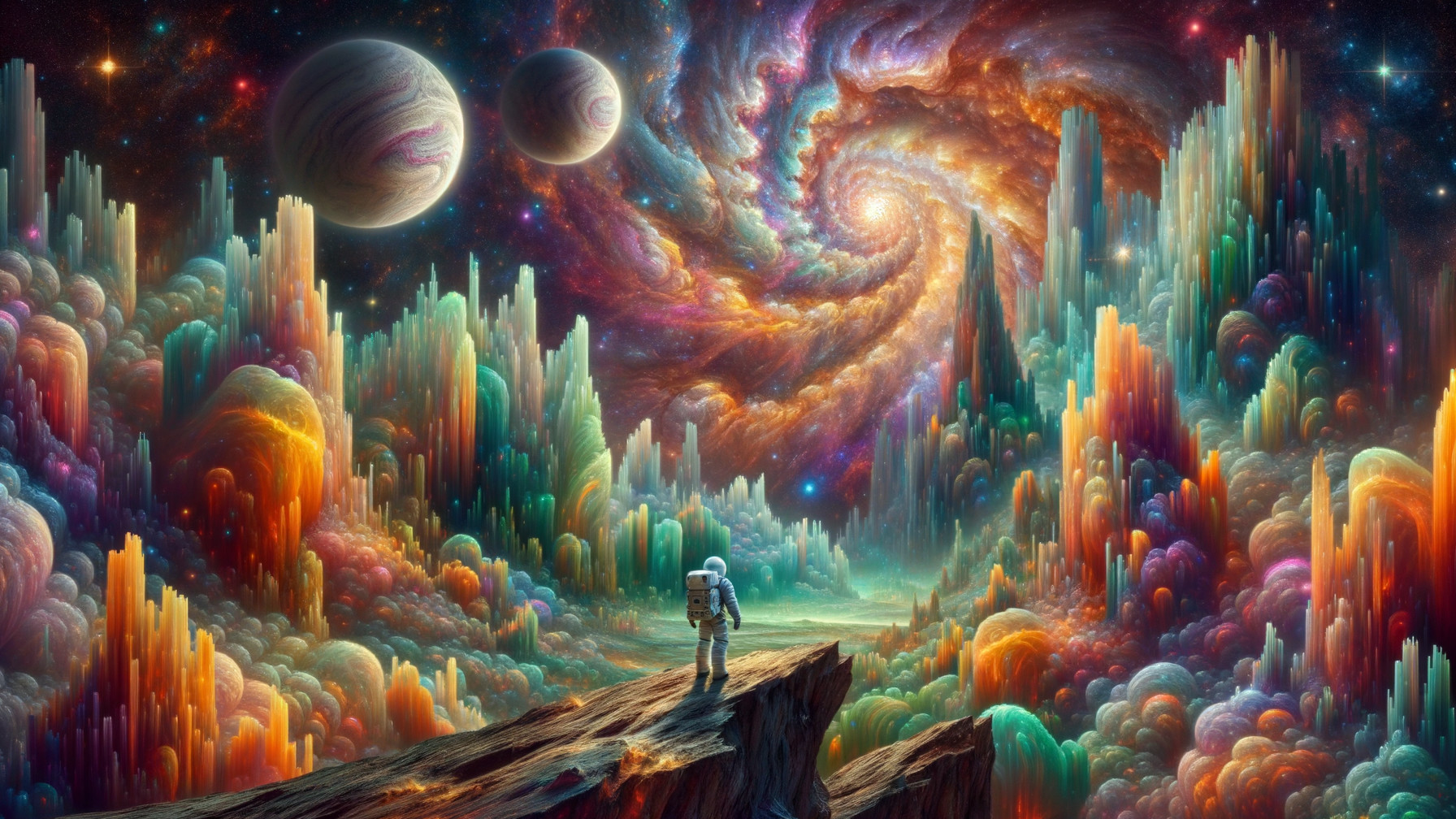 Astronaut on Cliff in Vibrant Cosmic Landscape