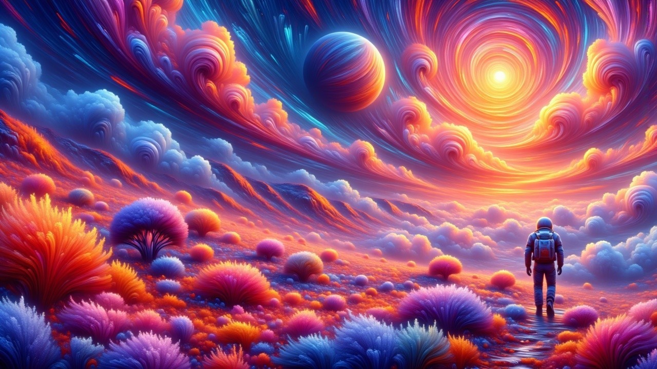 Cosmic Landscape with Astronaut and Alien Flora