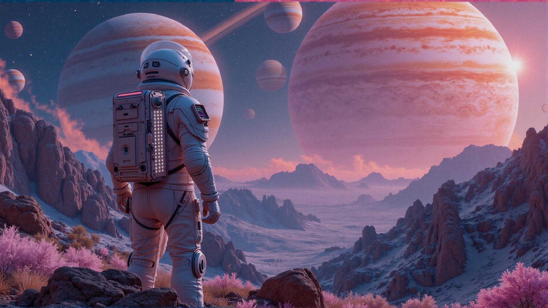 Astronaut Observing Alien Planet with Gas Giants