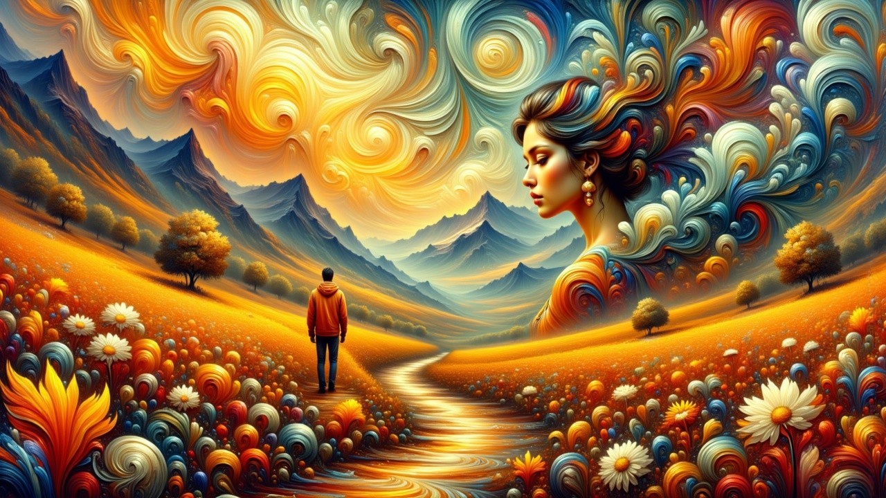 Vibrant Landscape with Colorful Clouds and Flowers