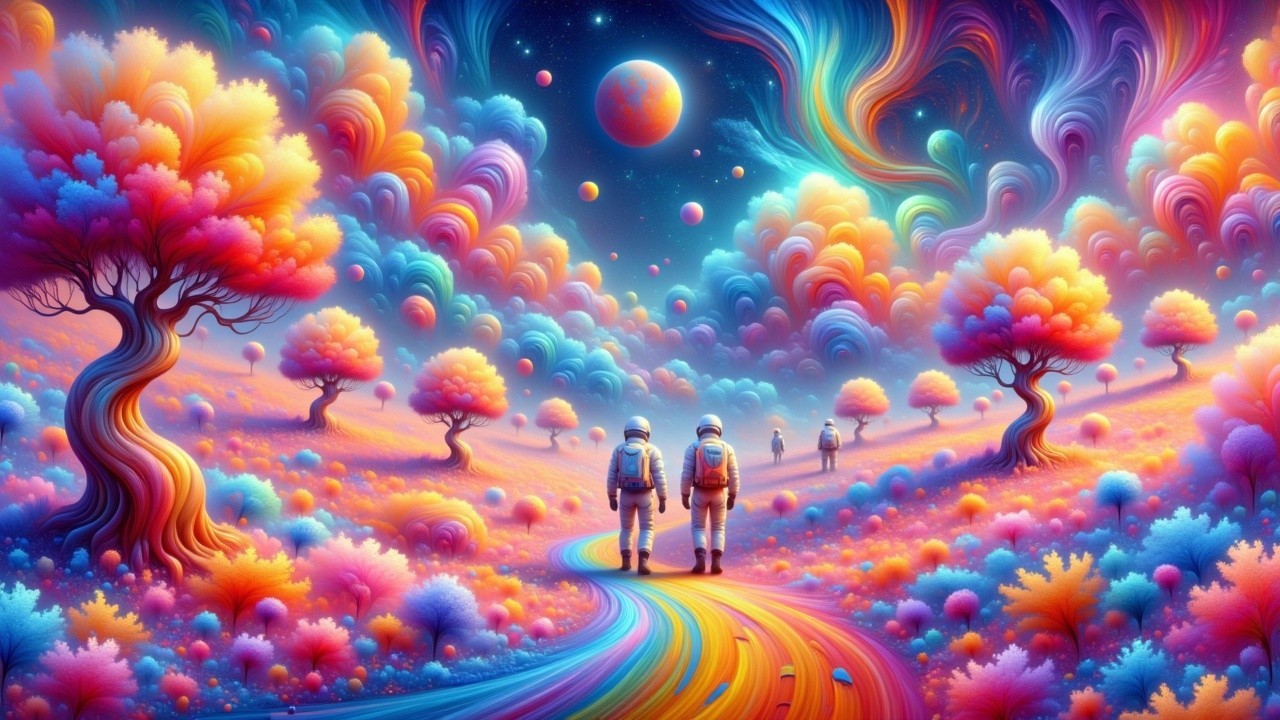 Surreal Landscape with Astronauts and Colorful Path
