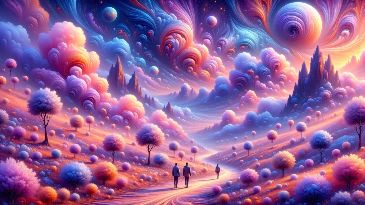 Surreal Landscape with Vibrant Clouds and Figures